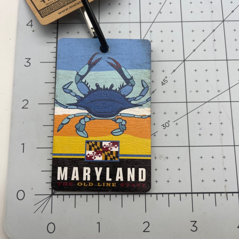 Metal and Wood Co Luggage Tag Travel‎ USA Maryland Crab State Flag Blue Crab